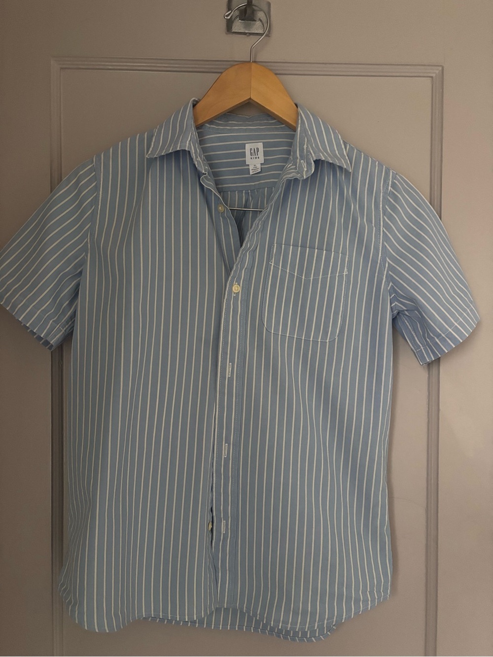 GAP Kids Blue and White Vertical Stripe Short-Sleeve Button-Down Shirt